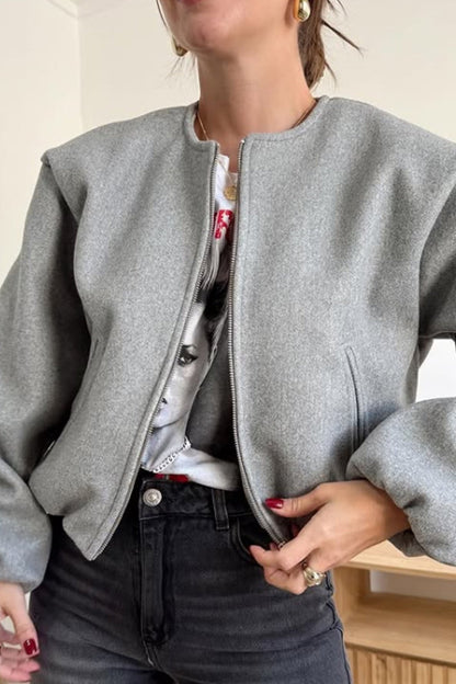 Soft Cropped Crew Neck Bomber Jacket