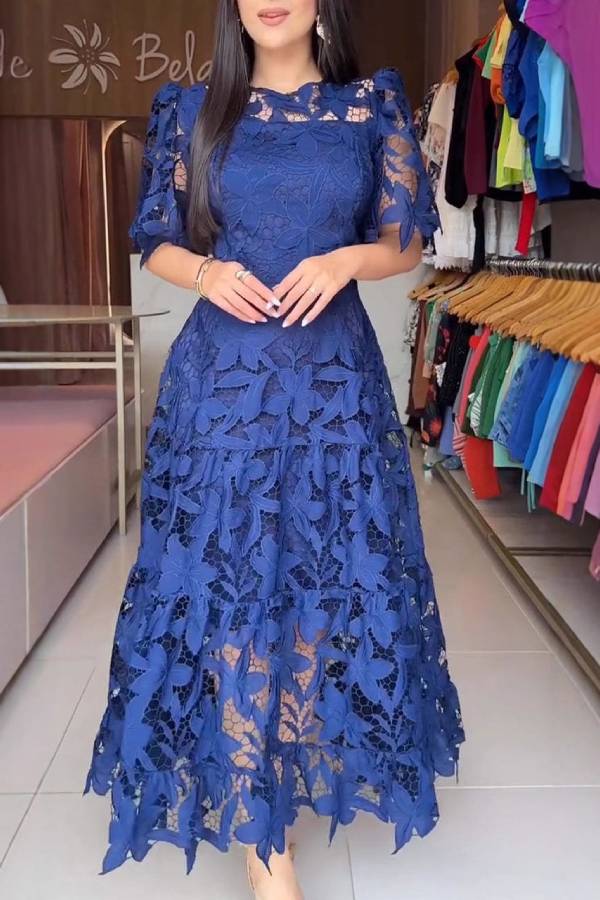 3D Floral Lace Midi Dress Ruffle Flutter Sleeve Tiered Cake Wedding Guest Gown