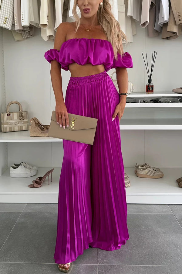 Jorie Satin Off Shoulder Puff Sleeve Crop Top and Elastic Waist Pleated Wide Leg Pants Set