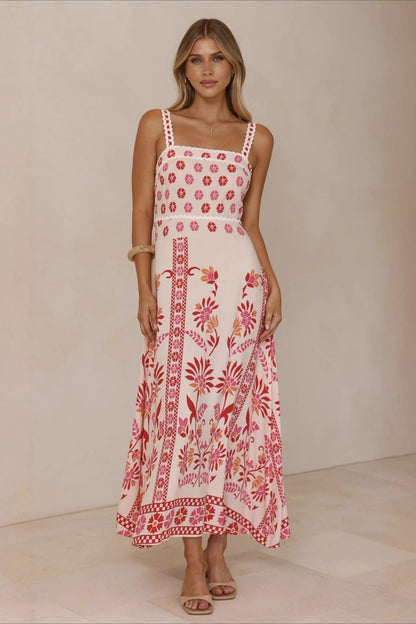 Linen Lace Trim Spaghetti Strap Boho Dress