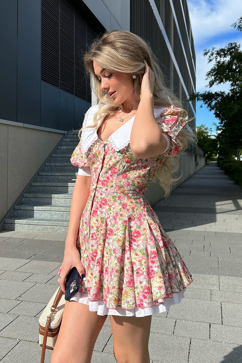 Doll Collar Puff Sleeve Mini Floral Dress
