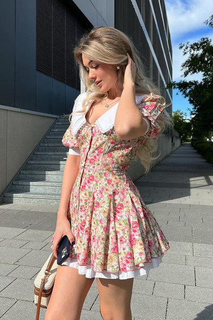 Doll Collar Puff Sleeve Mini Floral Dress