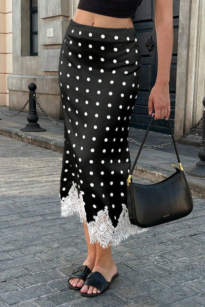 Satin Polka Dot Lace Bodycon Midi Skirt