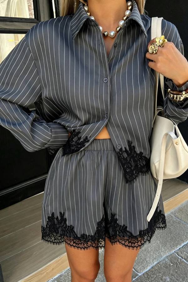 Satin Pinstripe Eyelash Lace Trim Shirt & High Waist Shorts 2 Piece Lounge Set