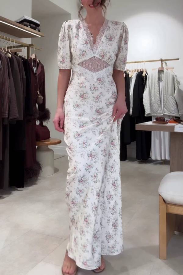 French Lace Floral Fitted Maxi Dress