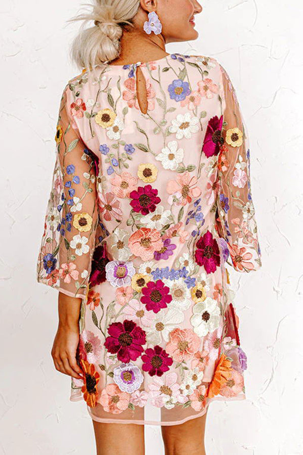 Floral Embroidered Mesh Bell Sleeve Crew Neck Shift Mini Dress