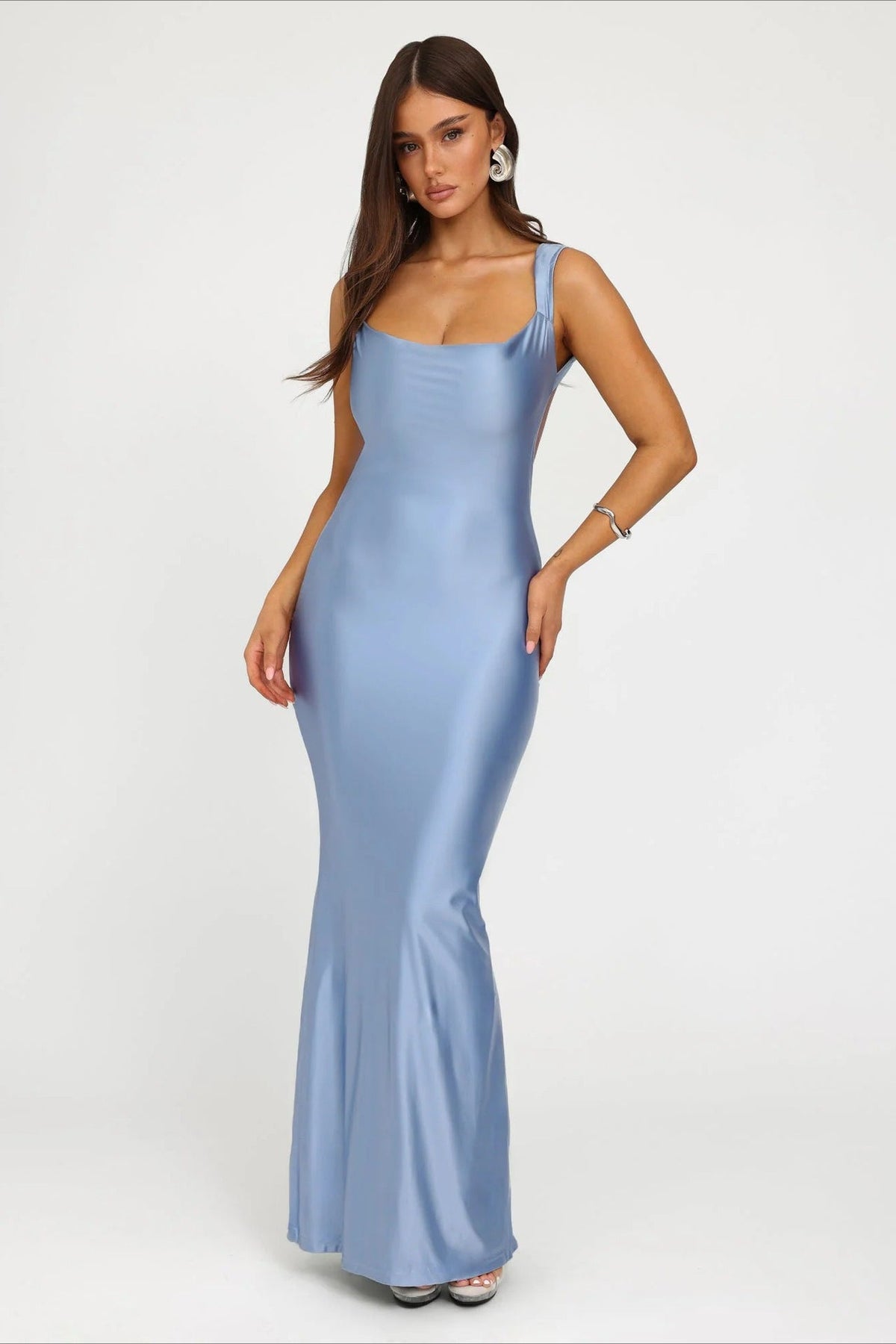 Back Tie Bodycon Midi Gown Silk Dress