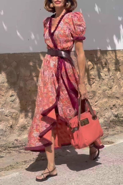 Puff Sleeve Colorblock Trim Wrap Floral Maxi Dress