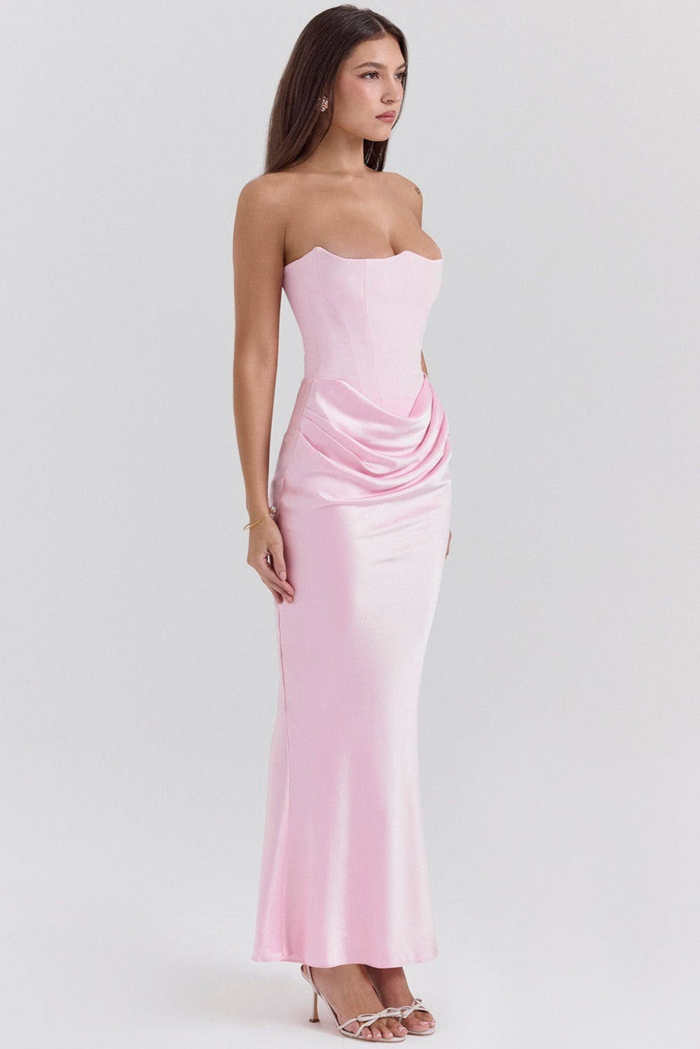 Satin Ruched Strapless Bodycon Dress