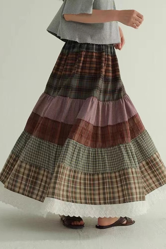 Vintage Plaid Patchwork Flared Boho Skirt