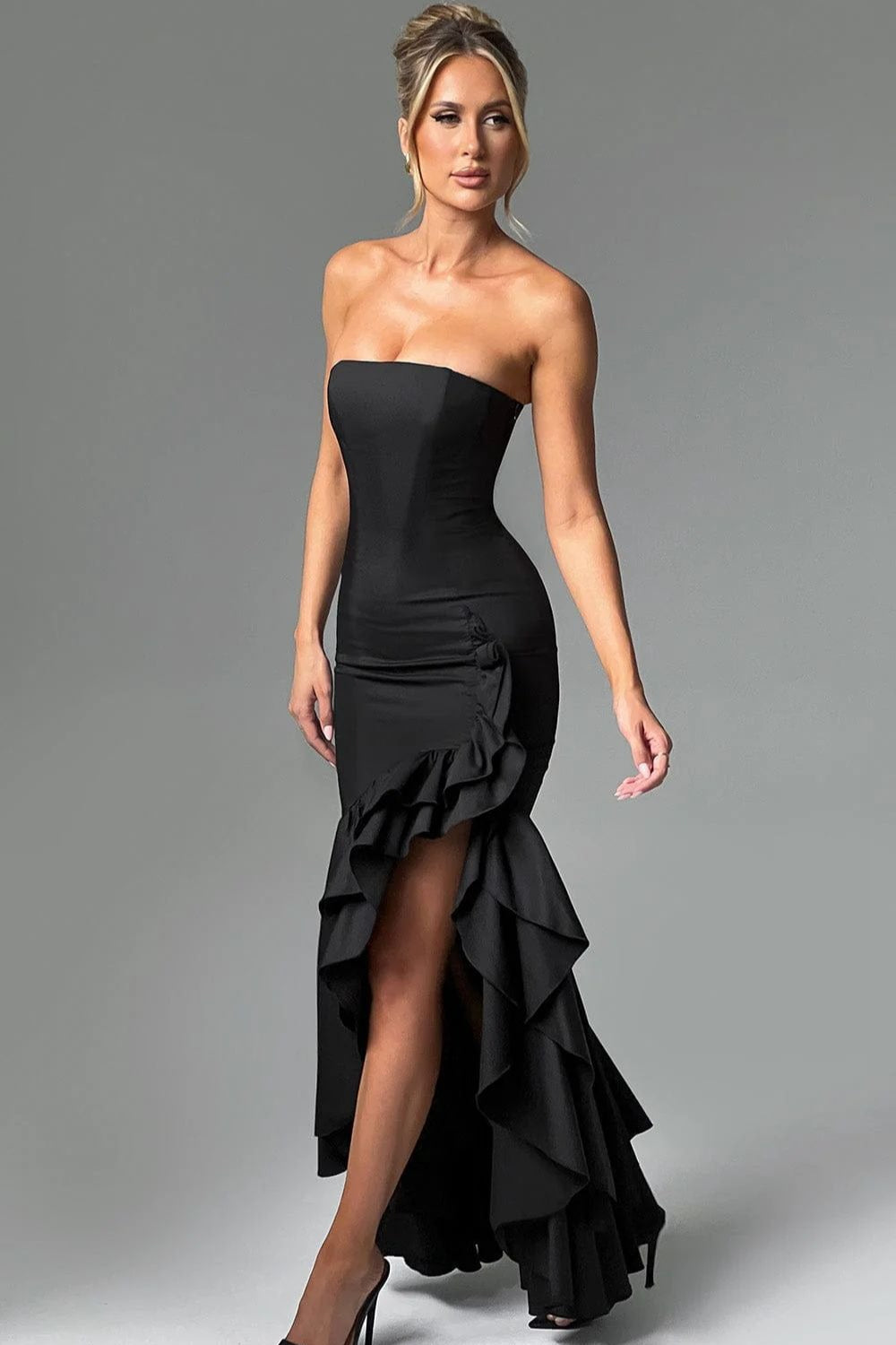 Elegant Strapless Slit Backless Maxi Birthday Dress