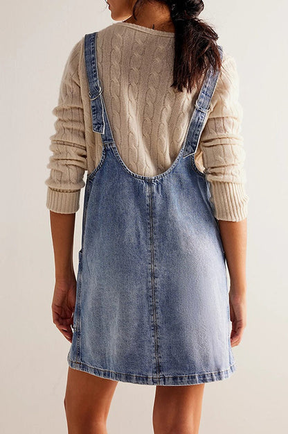 Denim Deep V-Neck Wide Strap Front Pocket Pinafore Mini Dress