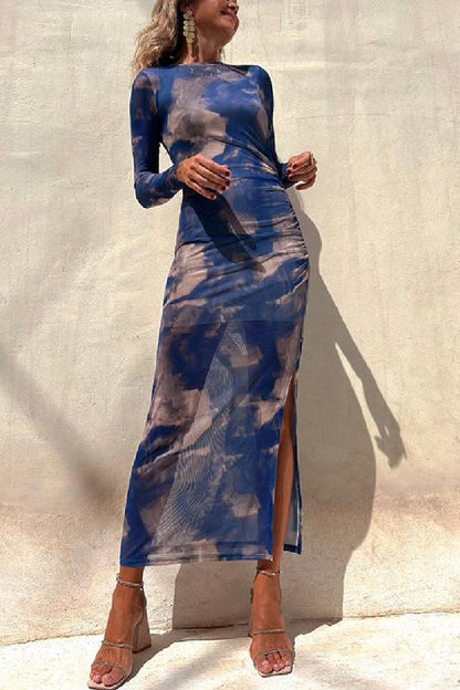 Abstract Tie Dye Print Ruched Side Slit Long Sleeve Midi Dress