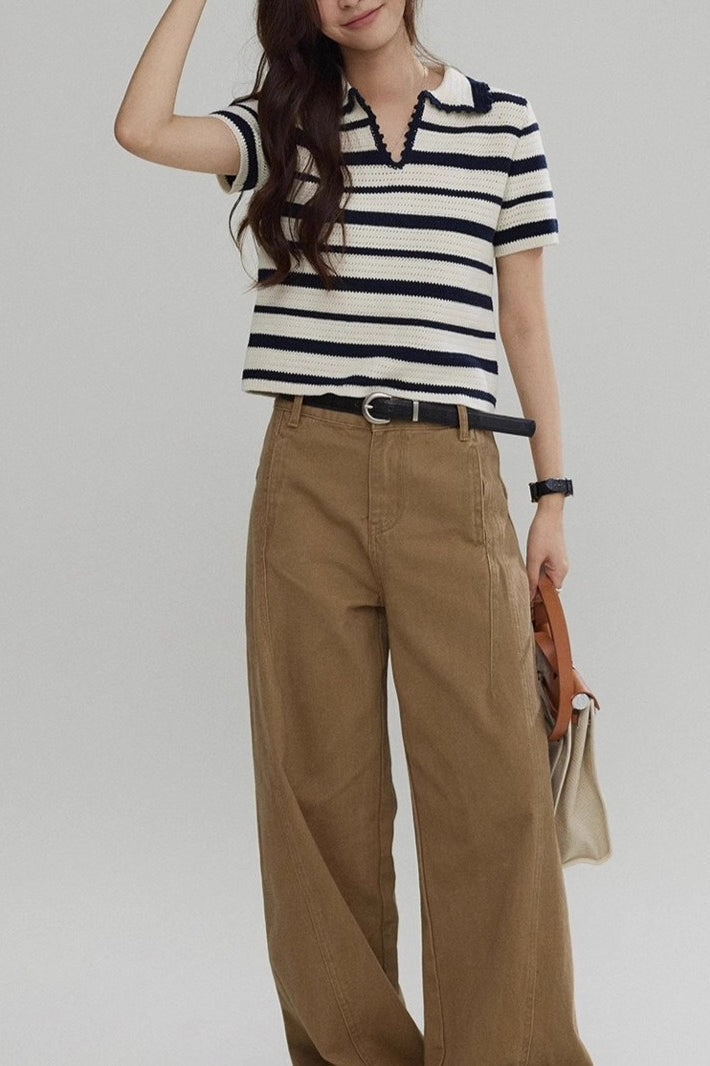 Color Block Stripe Polo Knit Top