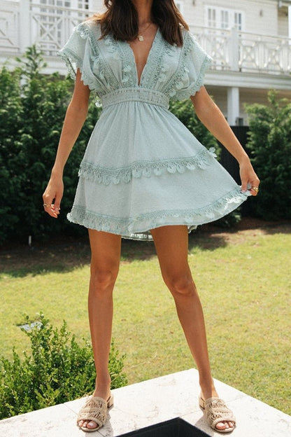 Lace Patchwork Tie Back Flowy Batwing Boho Dress