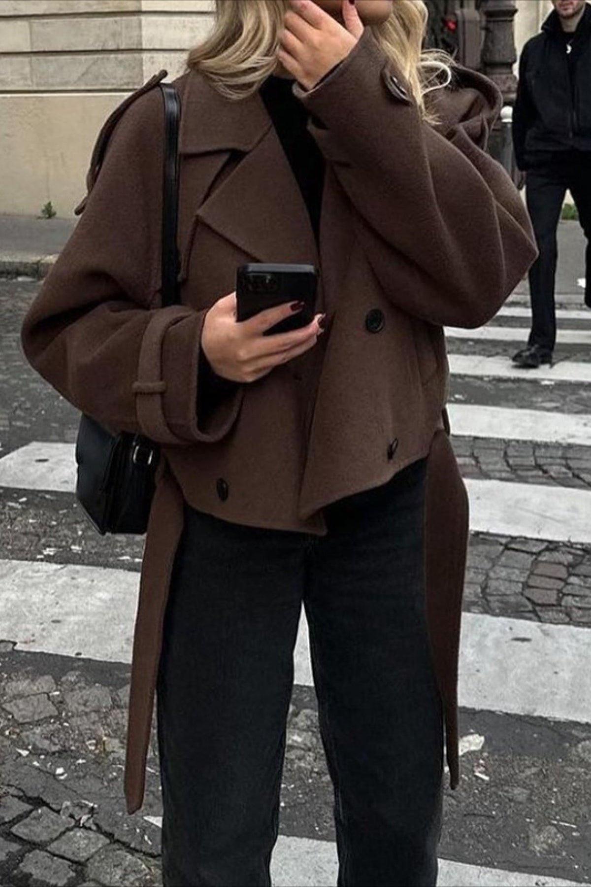 Wide Lapel Belted Cropped Wool Coat