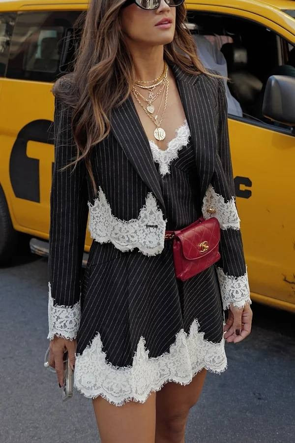 Pinstripe Lace Trim Blazer & Slip Mini Skirt 2 Piece Retro Office Set