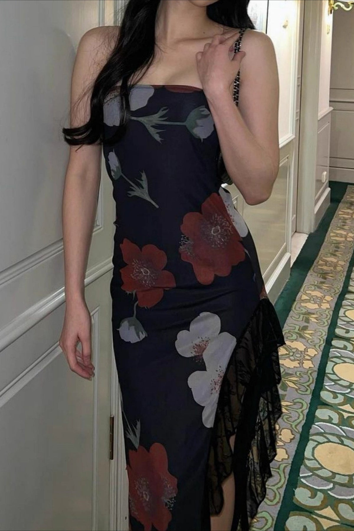Off Shoulder Mesh Strapless Slit Slim Floral Dress