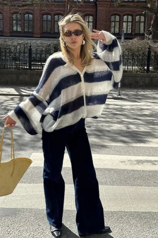 V-Neck Patchwork Knit Cardigan