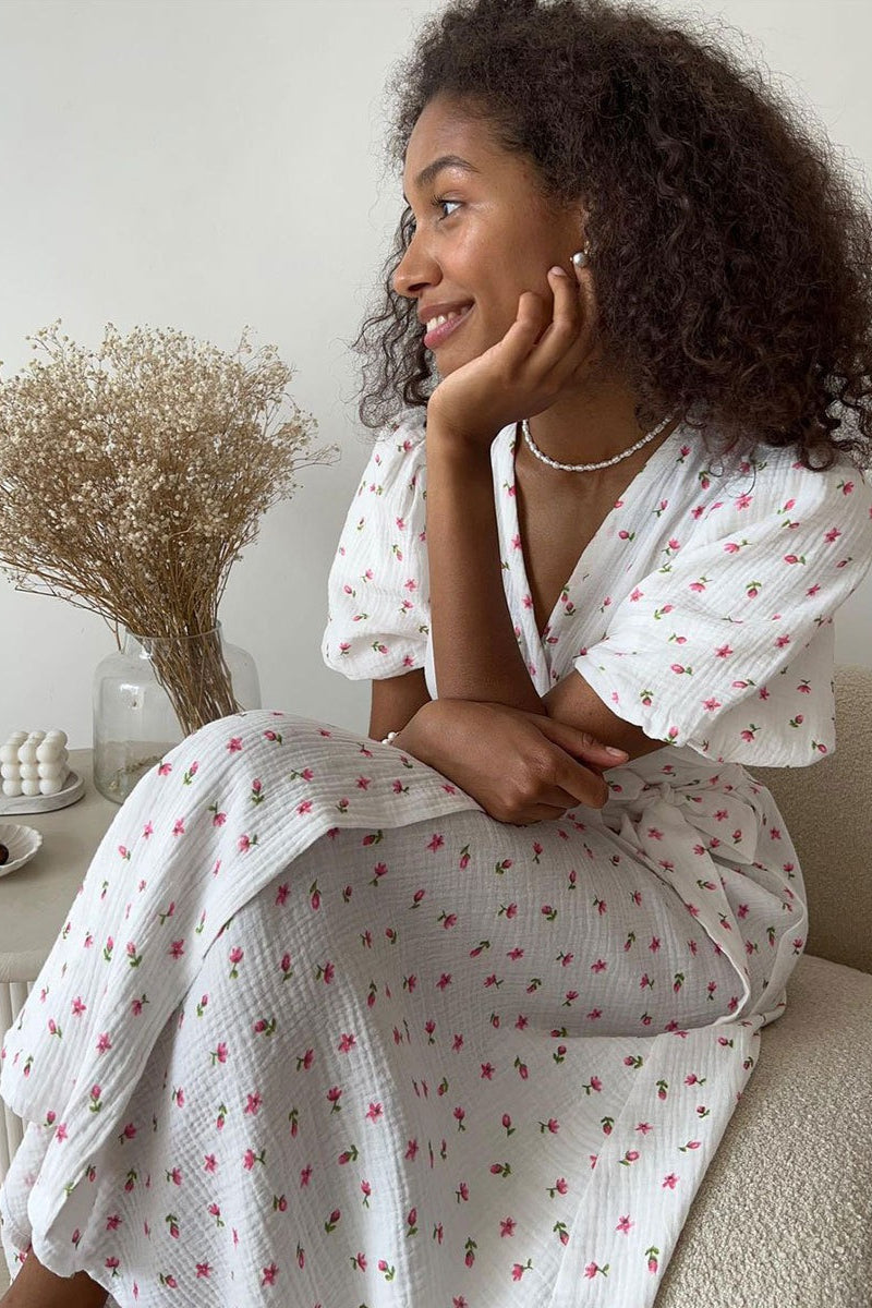 Cotton Printed V Neck Puff Sleeve Floral Dress