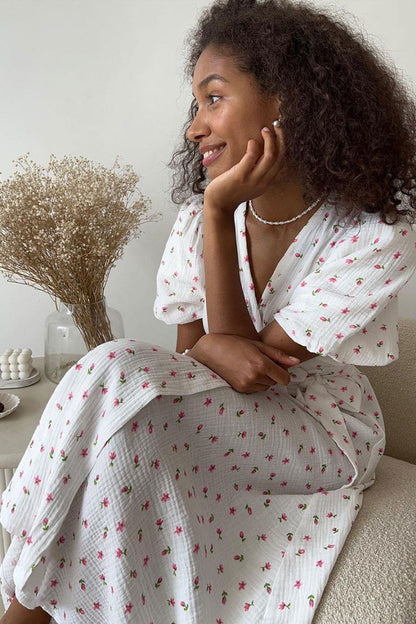 Cotton Printed V Neck Puff Sleeve Floral Dress
