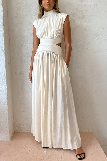 Mock Neck Sleeveless Side Cut Out Waist Pocketed Gathered Maxi Dress