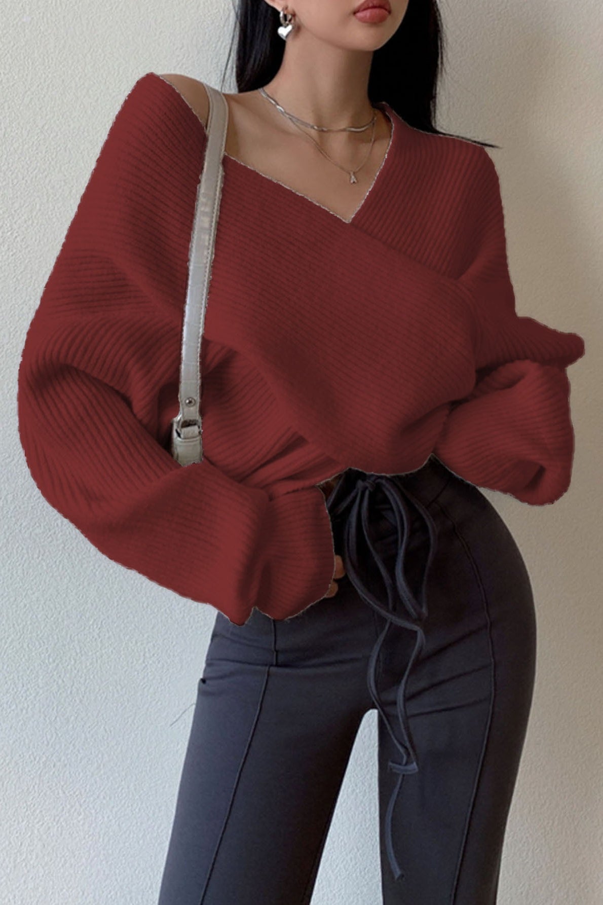Off Shoulder Cross Front Cropped Sweater