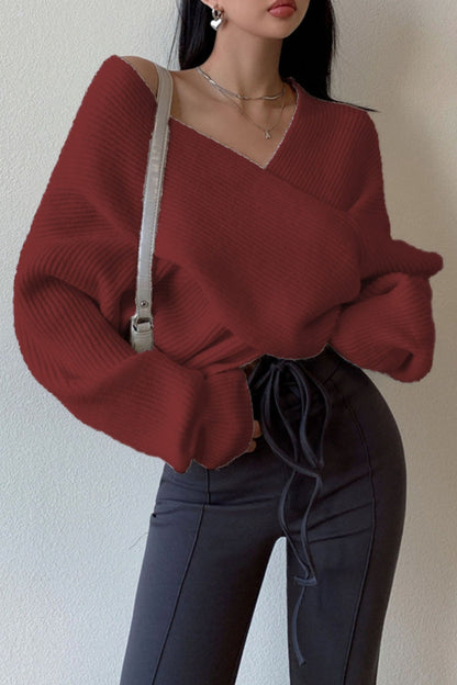 Off Shoulder Cross Front Cropped Sweater