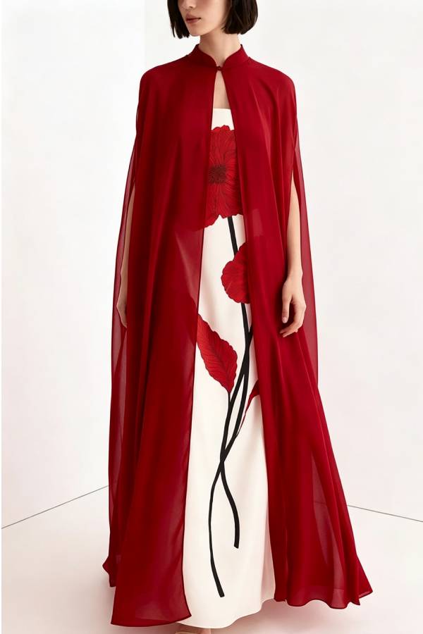 Elisabeth Floral Print Strapless Maxi Dress and Georgette Long Cape Two Pieces Set