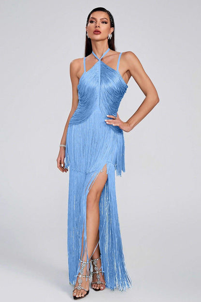 Halter Sling Maxi Fringe Hem Cocktail Dress