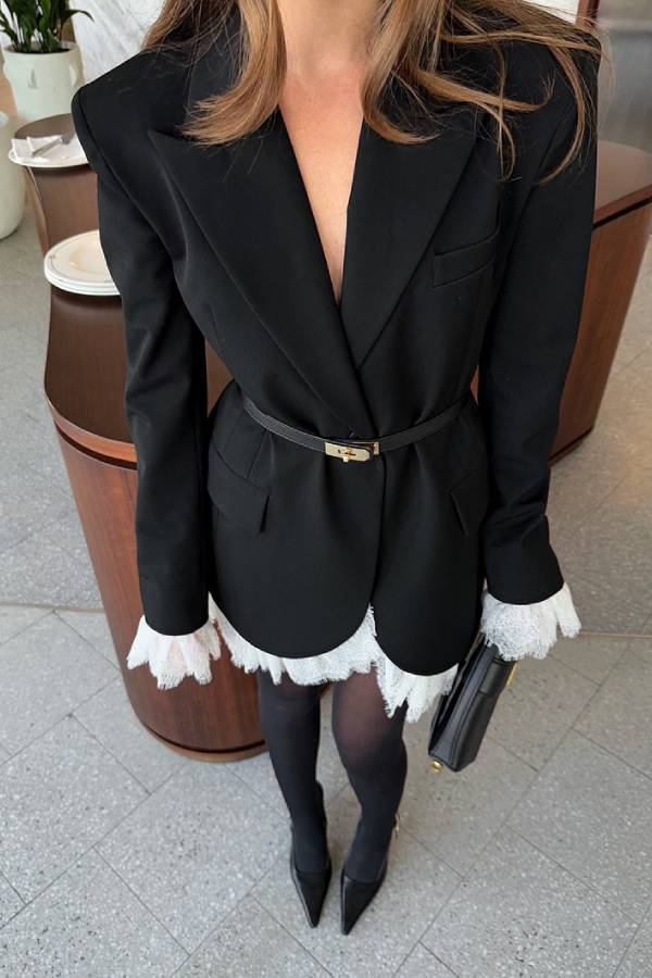 Lace Patchwork Waist-Defining Suit Dress