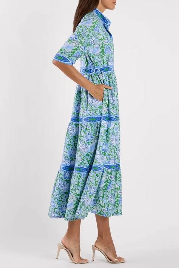 Bohemian Floral Print Stand Collar Elbow‑Sleeve Tiered Maxi Dress
