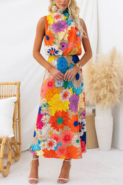 Large Floral Print Halter Neck Midi Skirt Set