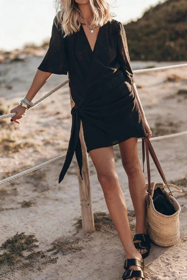 Easy Breezy Cotton Linen Blend Knotted Wrap Mini Dress