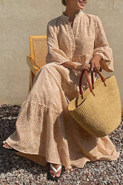 Stand‑Collar Eyelet Embroidery Ruffle Sleeve Tiered Maxi Dress