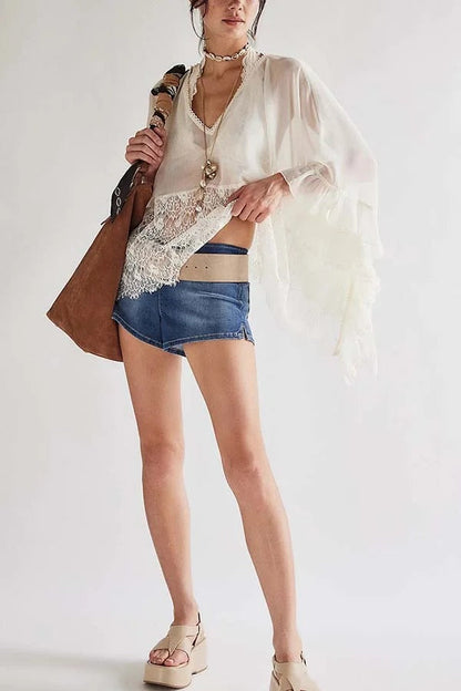 Fashionable Patchwork Lace Batwing Sleeve Loose Beach Cover Up