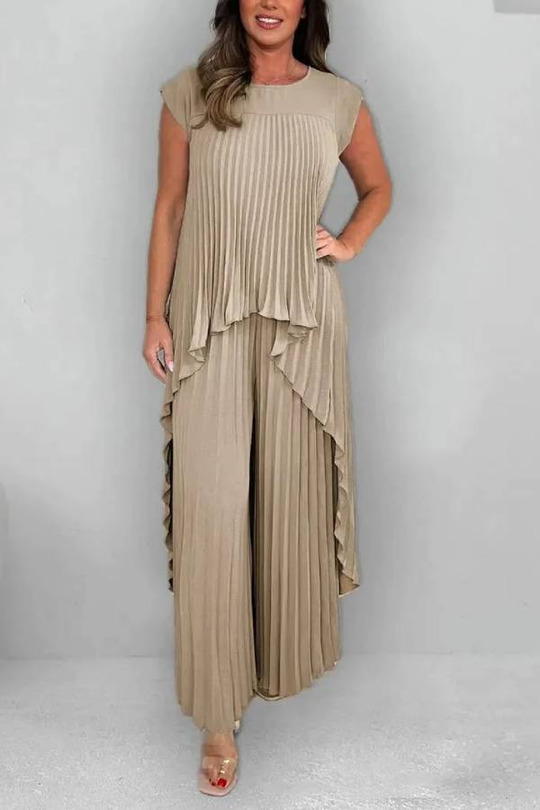 Round Neck Solid Sleeve Top Pleated Straight Pants Two-piece Set