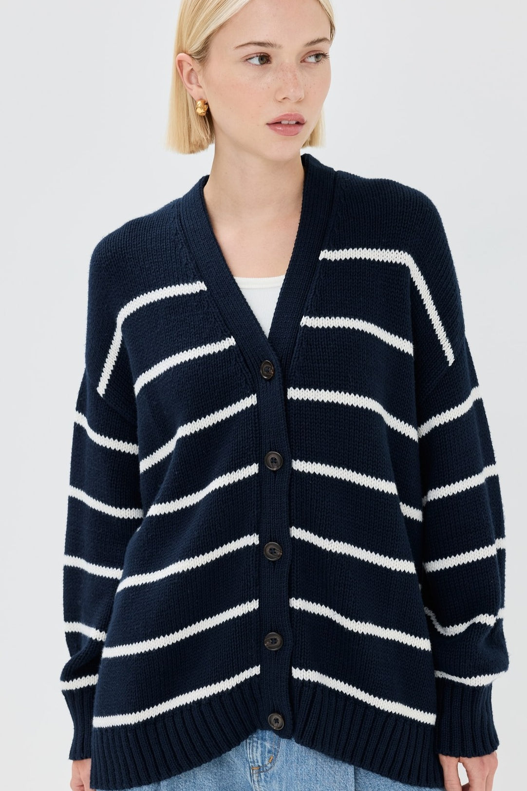 Cotton Stripe V Neck Cardigan