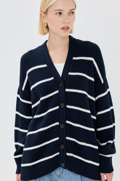 Cotton Stripe V Neck Cardigan