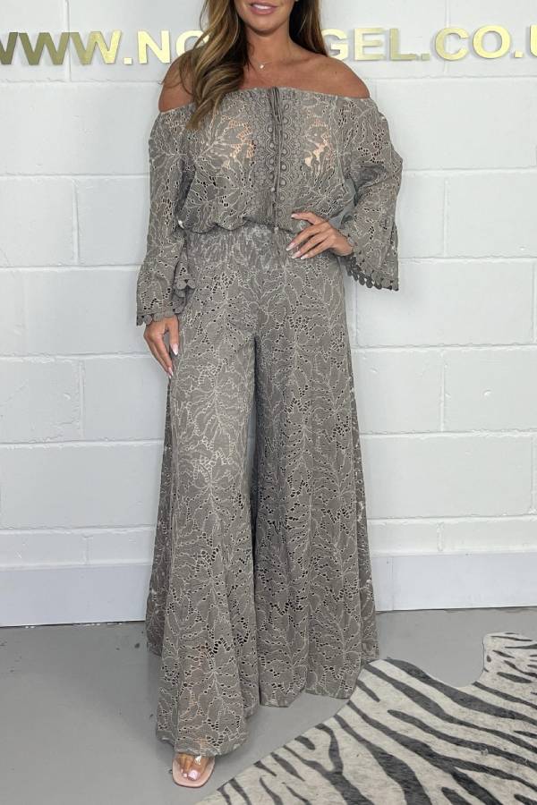 Multi-Color Lace Off-the-Shoulder Flare Sleeve Wide Leg Pants Set