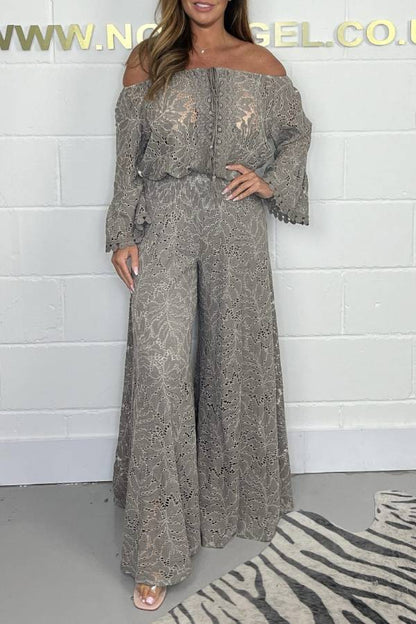 Multi-Color Lace Off-the-Shoulder Flare Sleeve Wide Leg Pants Set