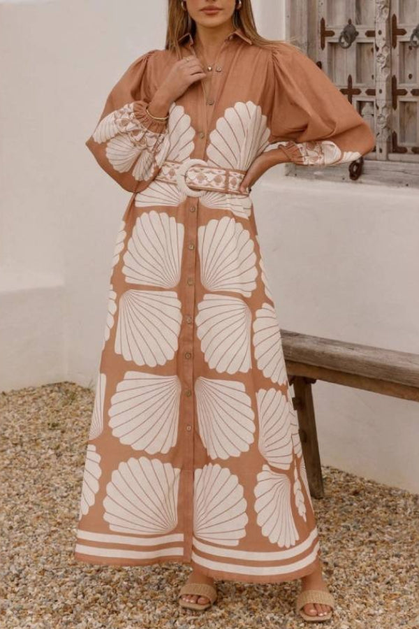 Shirt Collar Puff Sleeve Shell Print Belted Waist Maxi Dress