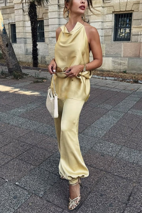 Satin Solid Color Loose Backless Casual Top