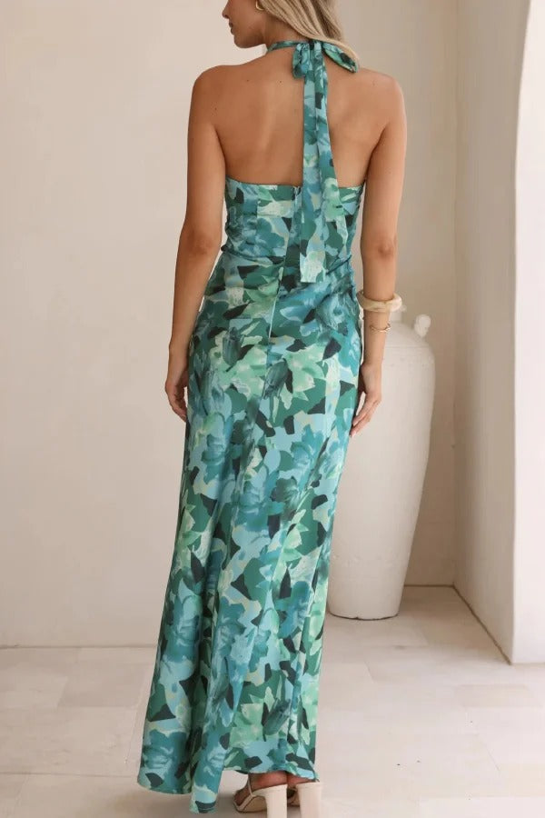 Floral Print Sleeveless Halter Neck Tie Holiday Maxi Dress