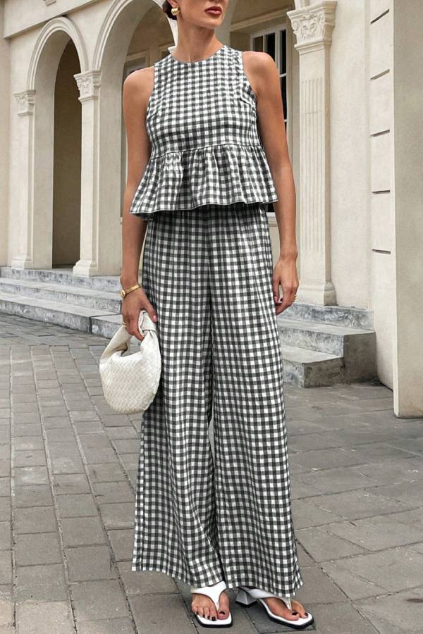 Gingham Sleeveless Ruffle Top & Wide Leg Pants Two Piece Set