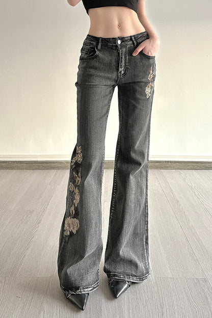 Sequin Embroidered Low Rise Wide Flare Leg Jeans