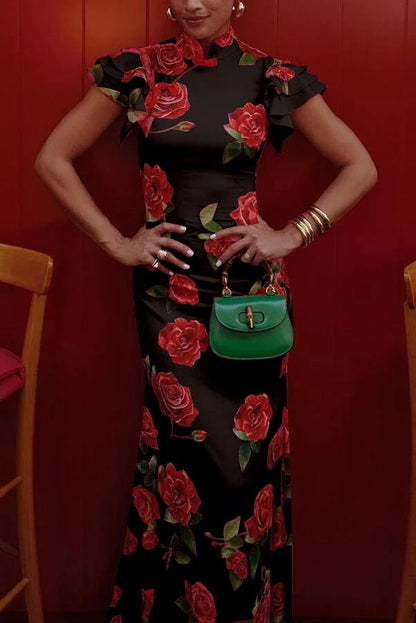 Cheongsam Style Rose Floral Print Tiered Flare Sleeve Stretch Maxi Dress