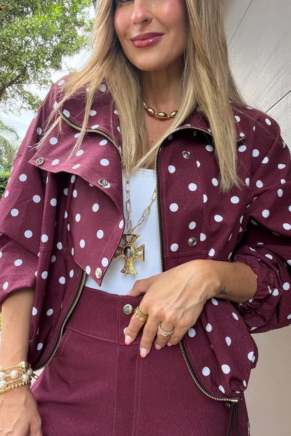 Kadence Polka Dot Zipper Lapel High Neck Drawstring Hem Sporty Jacket