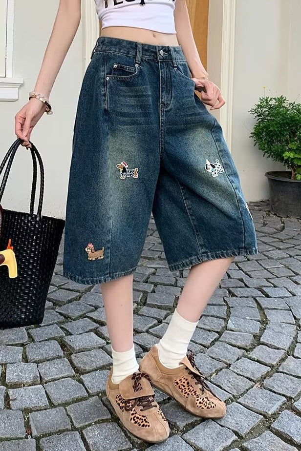Embroidered High Waist Wide Leg Casual Shorts