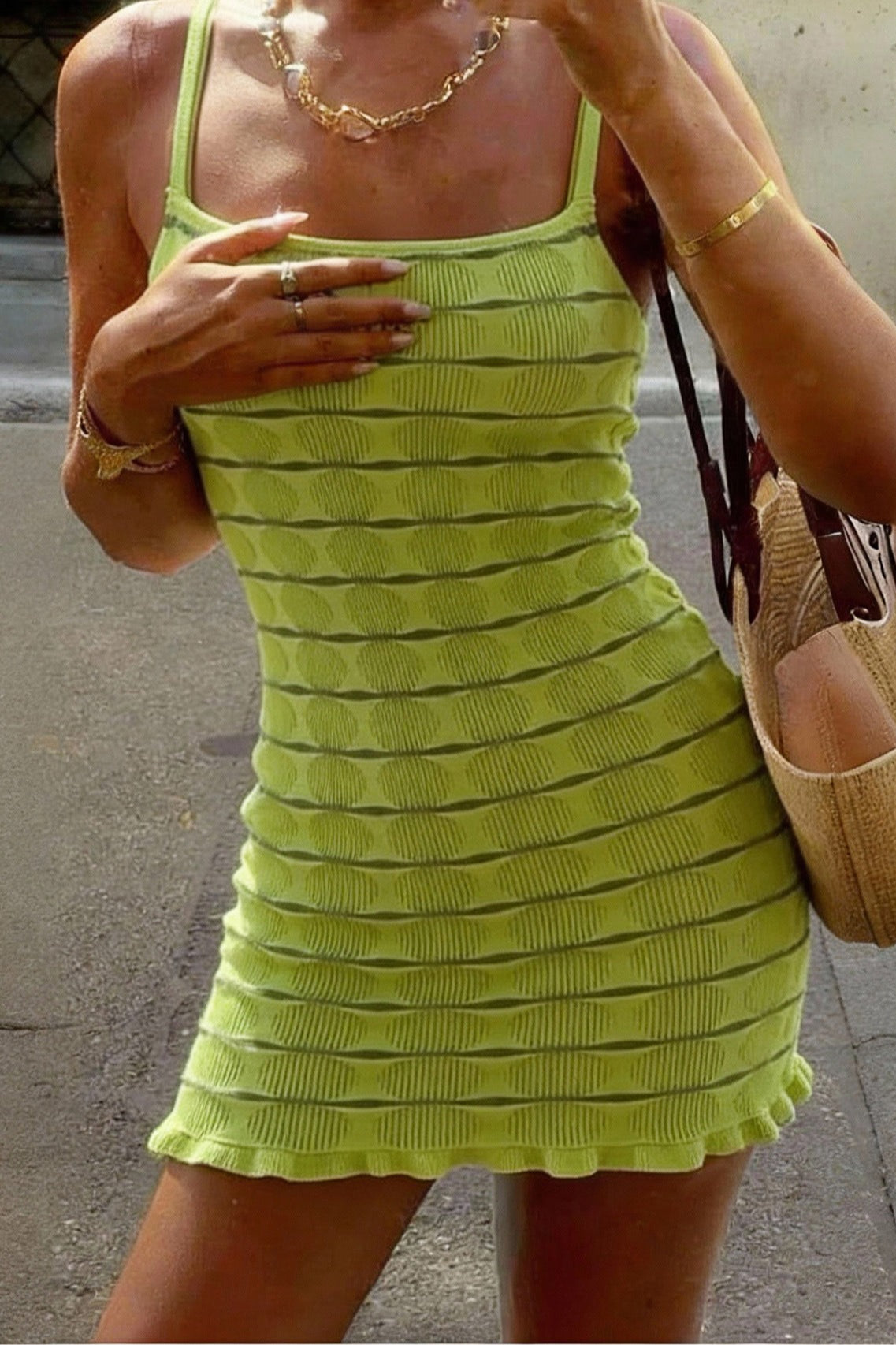 Green Knitted Spaghetti Strap Casual Mini Dress